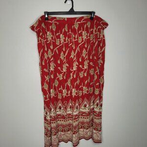 Vintage 90s Liz Baker red tan boho flower print maxi drawsting skirt size 2x